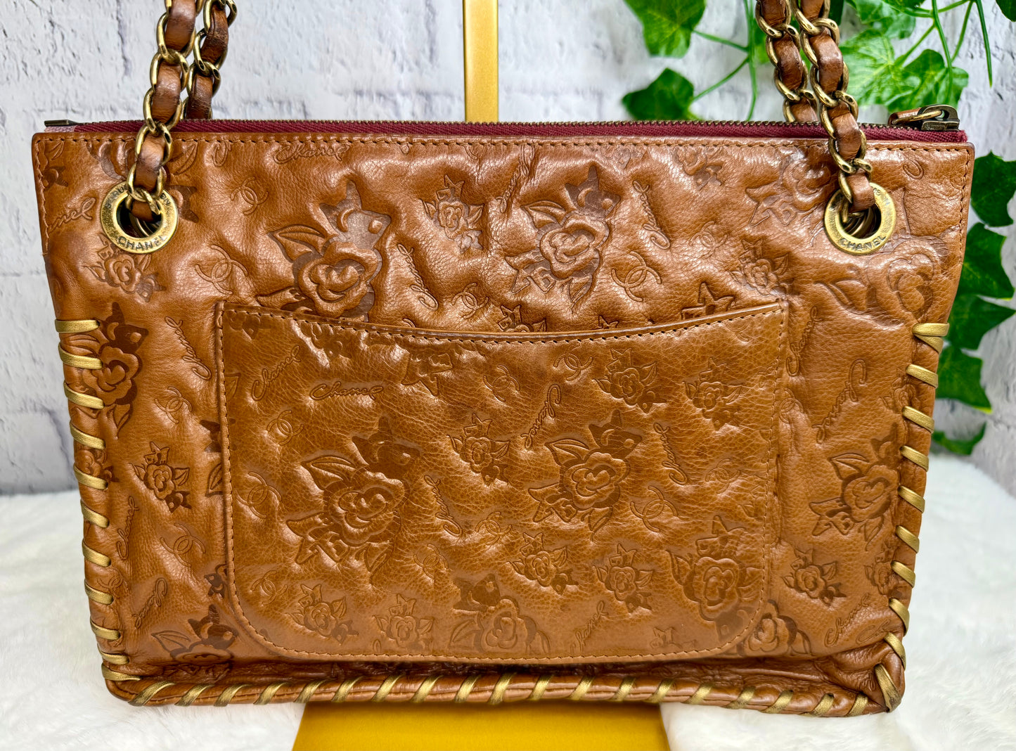 RARE Chanel Caramel Brown Calfskin Embossed Camellia Whipstitch Bag