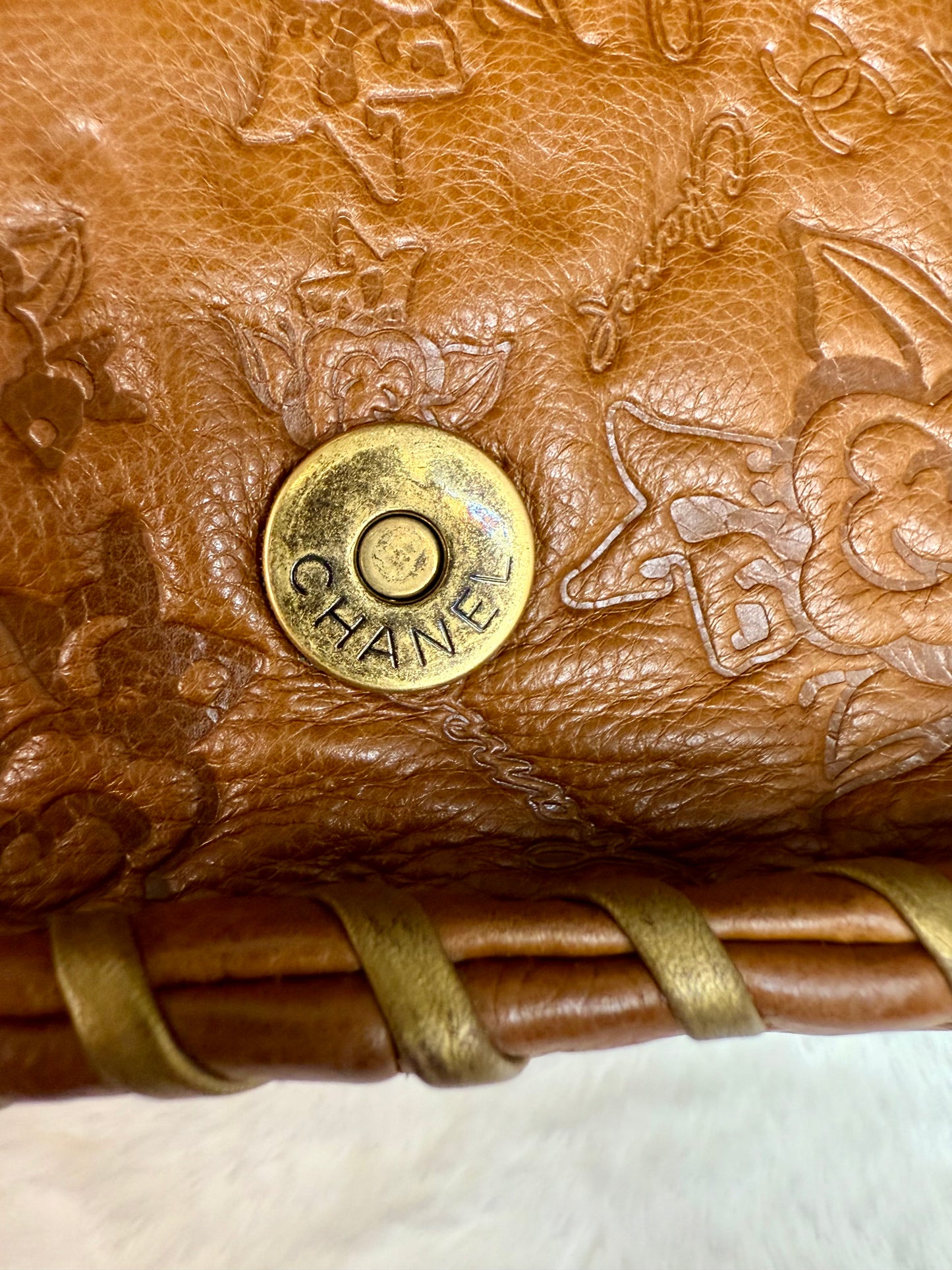 RARE Chanel Caramel Brown Calfskin Embossed Camellia Whipstitch Bag
