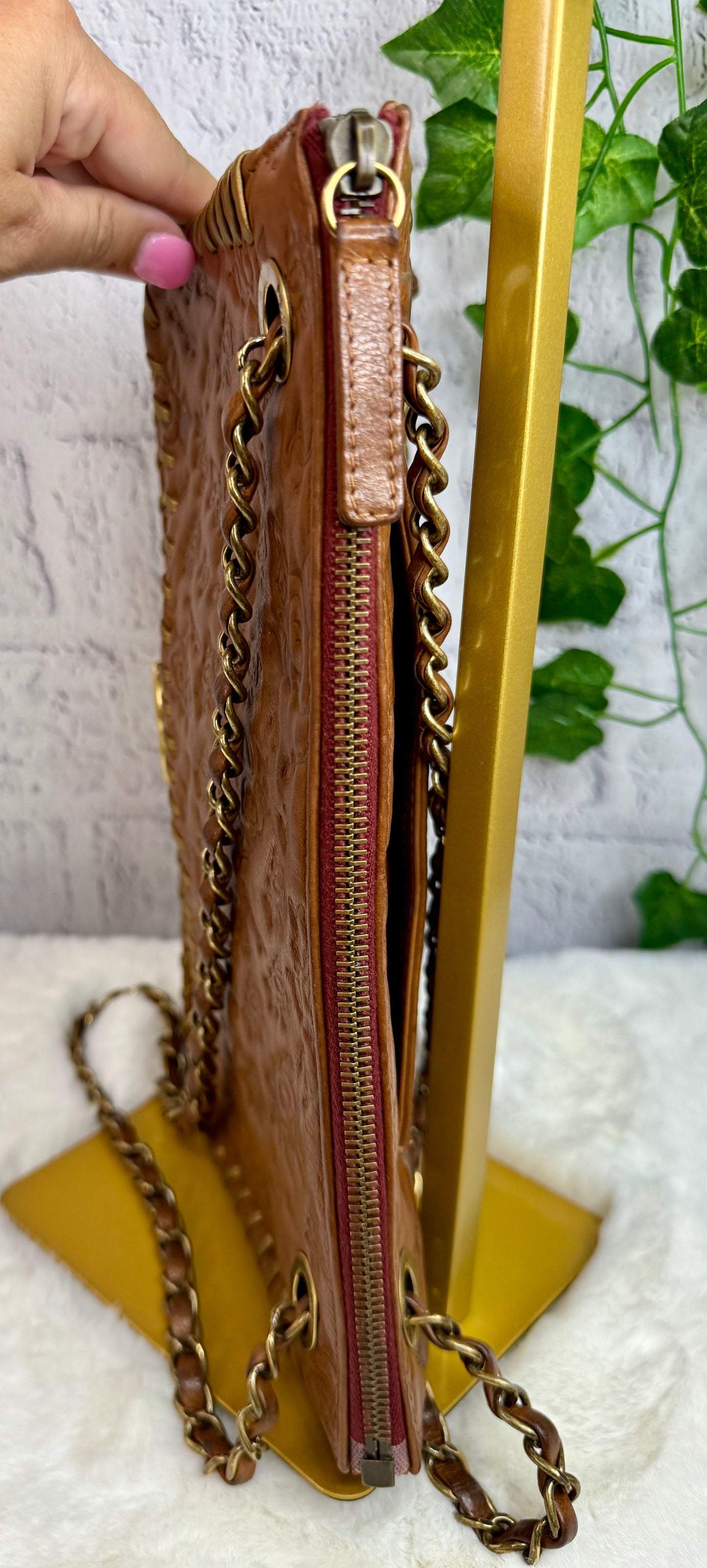 RARE Chanel Caramel Brown Calfskin Embossed Camellia Whipstitch Bag