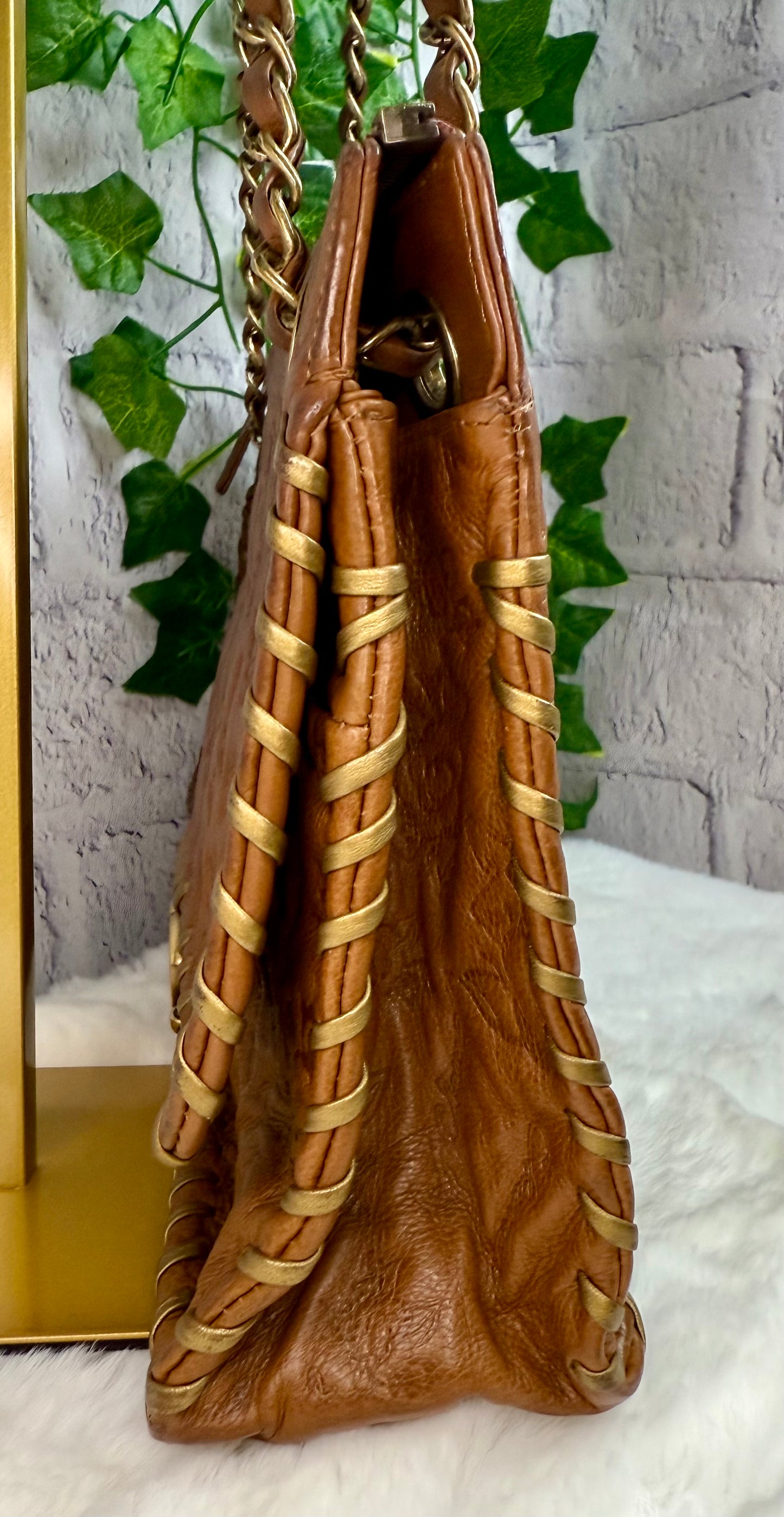 RARE Chanel Caramel Brown Calfskin Embossed Camellia Whipstitch Bag