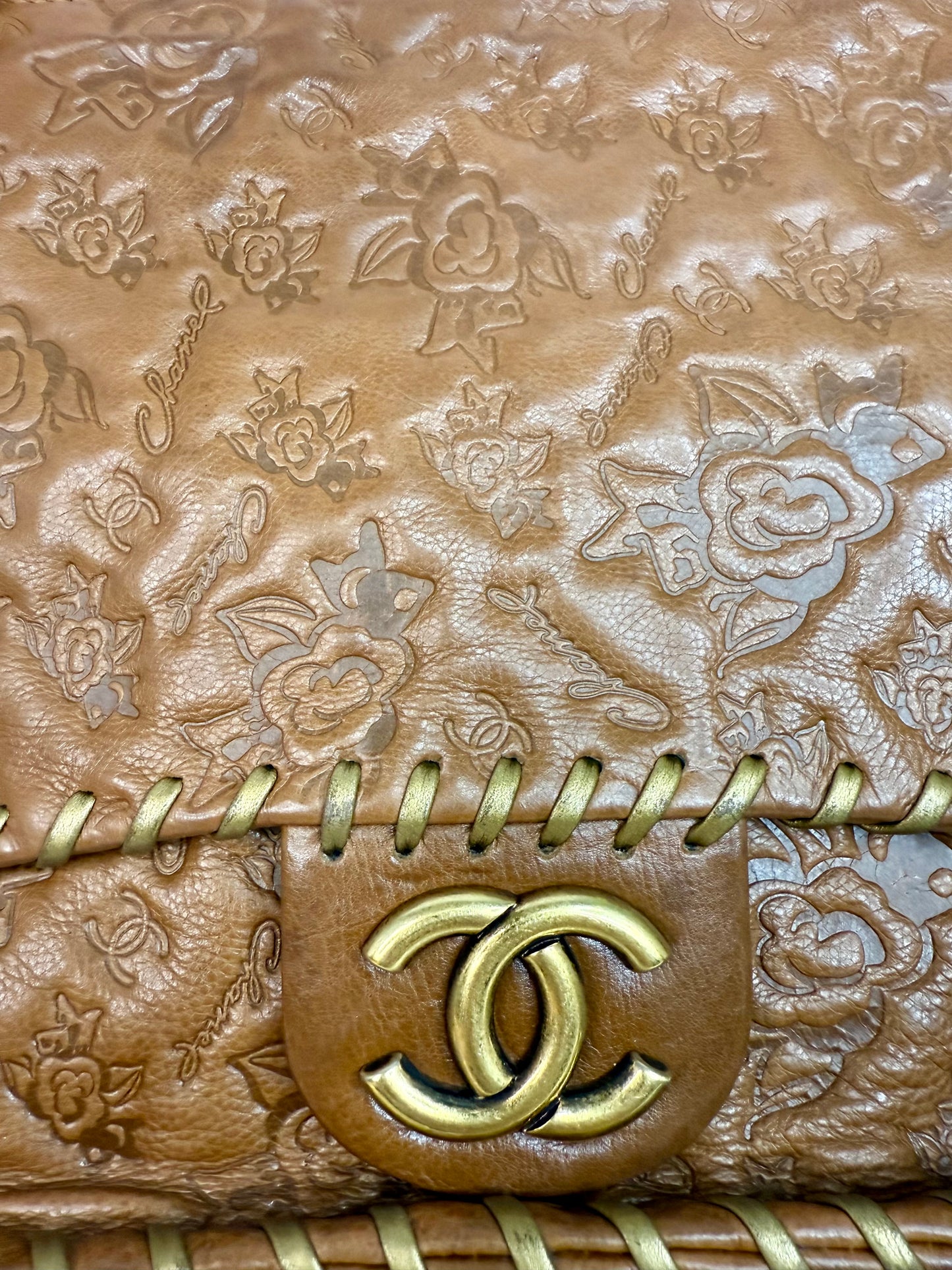 RARE Chanel Caramel Brown Calfskin Embossed Camellia Whipstitch Bag