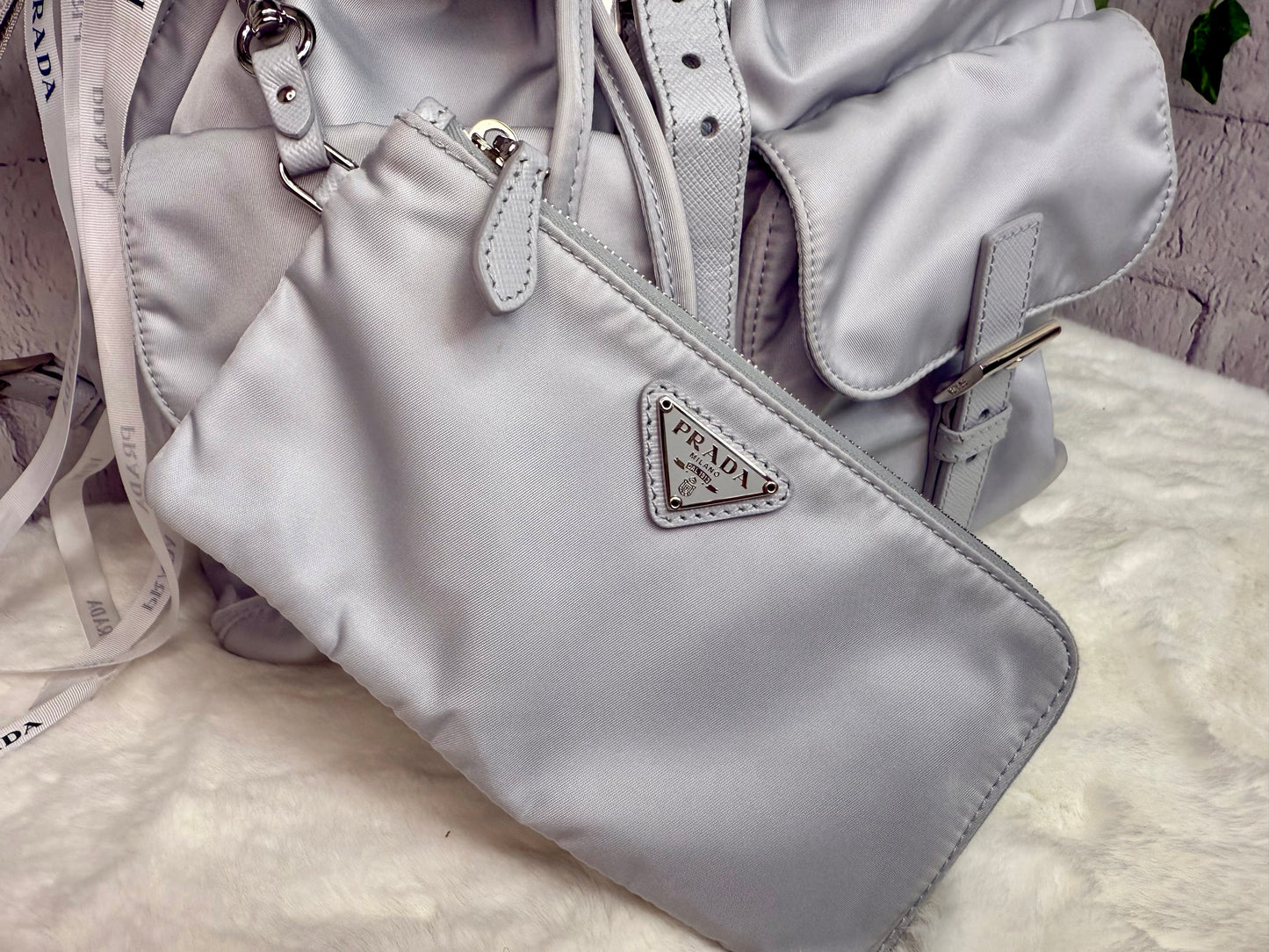 Prada Re Nylon Vela Backpack and Pouch w/ Compact Wallet and Triangles Bandeau