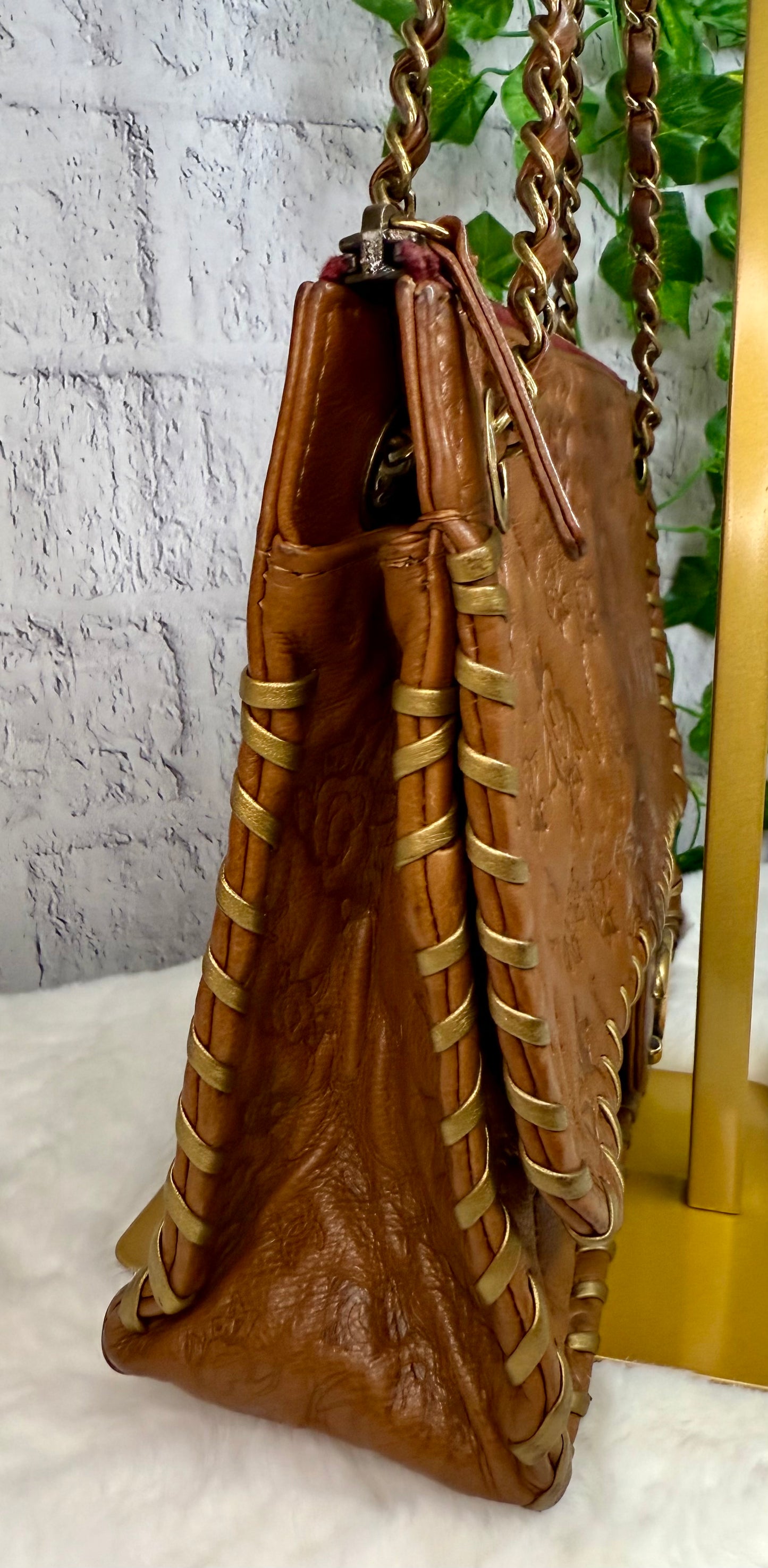RARE Chanel Caramel Brown Calfskin Embossed Camellia Whipstitch Bag