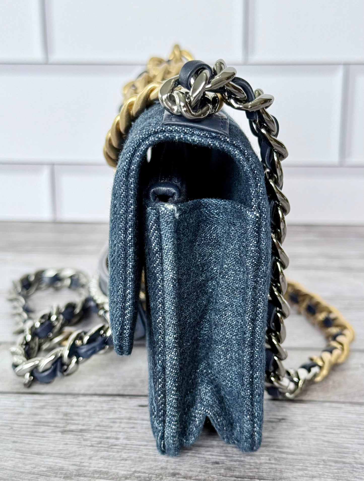Chanel 19 Phone Holder (WOC) With Chain (Denim Quilted) - Like New
