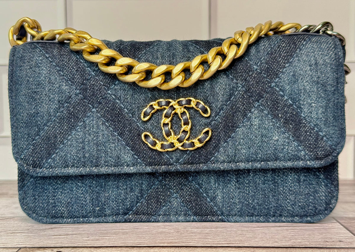 Chanel 19 Phone Holder (WOC) With Chain (Denim Quilted) - Like New