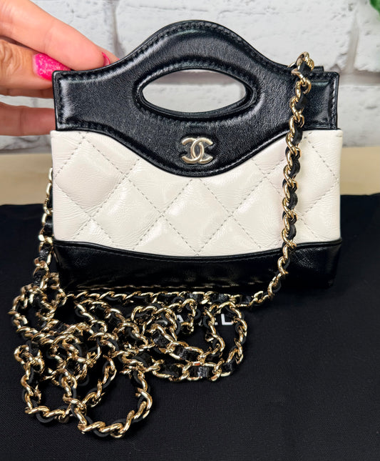 Chanel 31 Micro/Nano Shiny Calfskin Shopping Bag (White & Black) - New