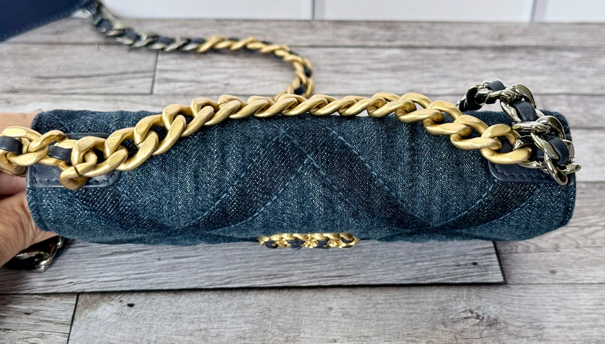 Chanel 19 Phone Holder (WOC) With Chain (Denim Quilted) - Like New