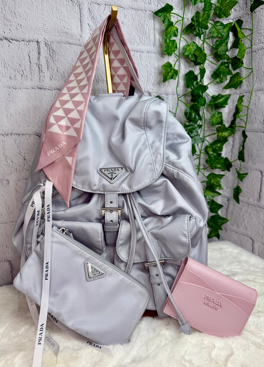 Prada Re Nylon Vela Backpack and Pouch w/ Compact Wallet and Triangles Bandeau