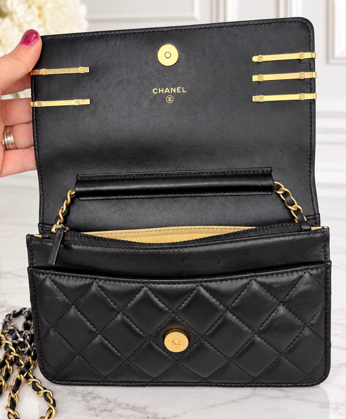 Chanel Coco Clips Wallet On Chain (Black Lambskin) - Excellent