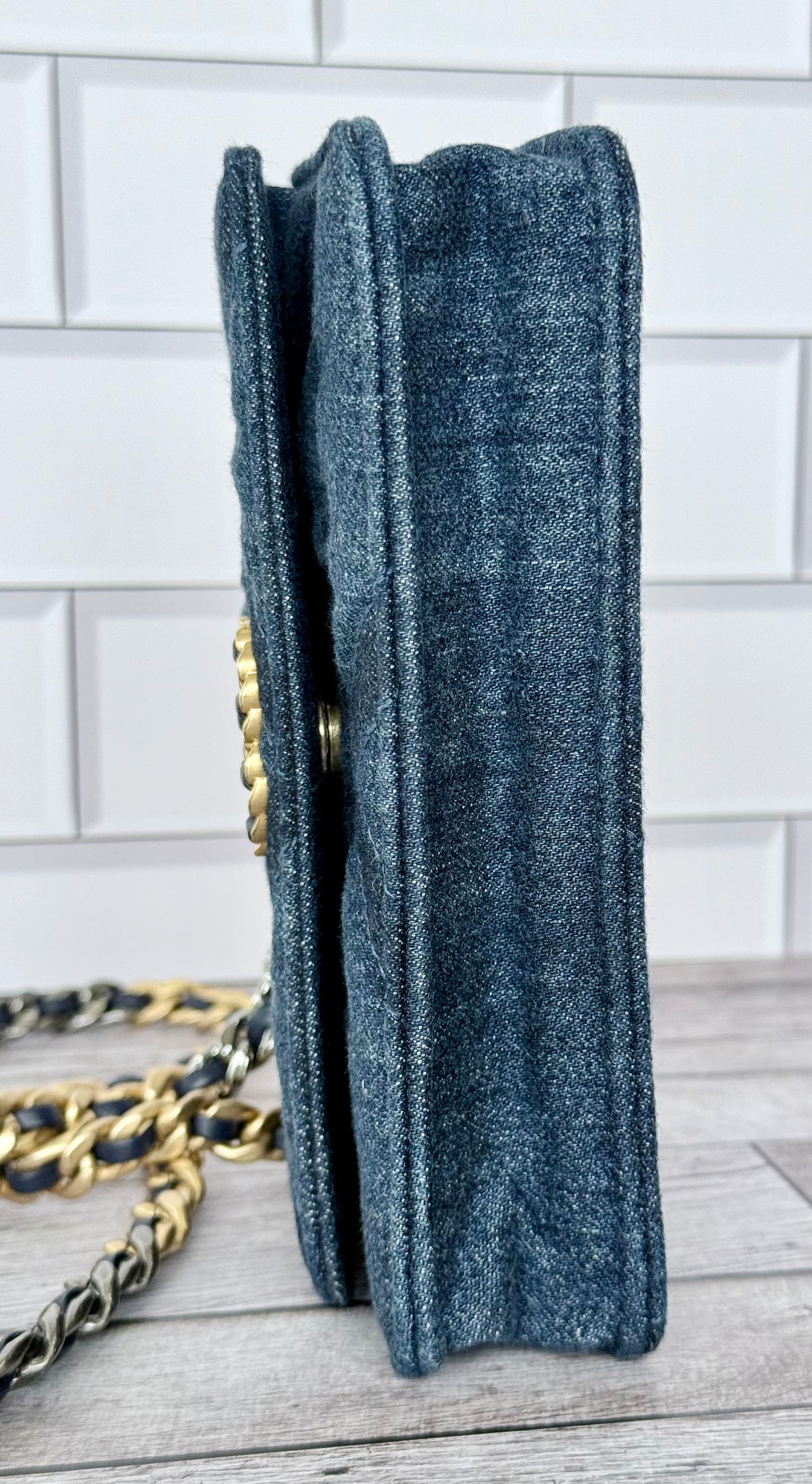 Chanel 19 Phone Holder (WOC) With Chain (Denim Quilted) - Like New