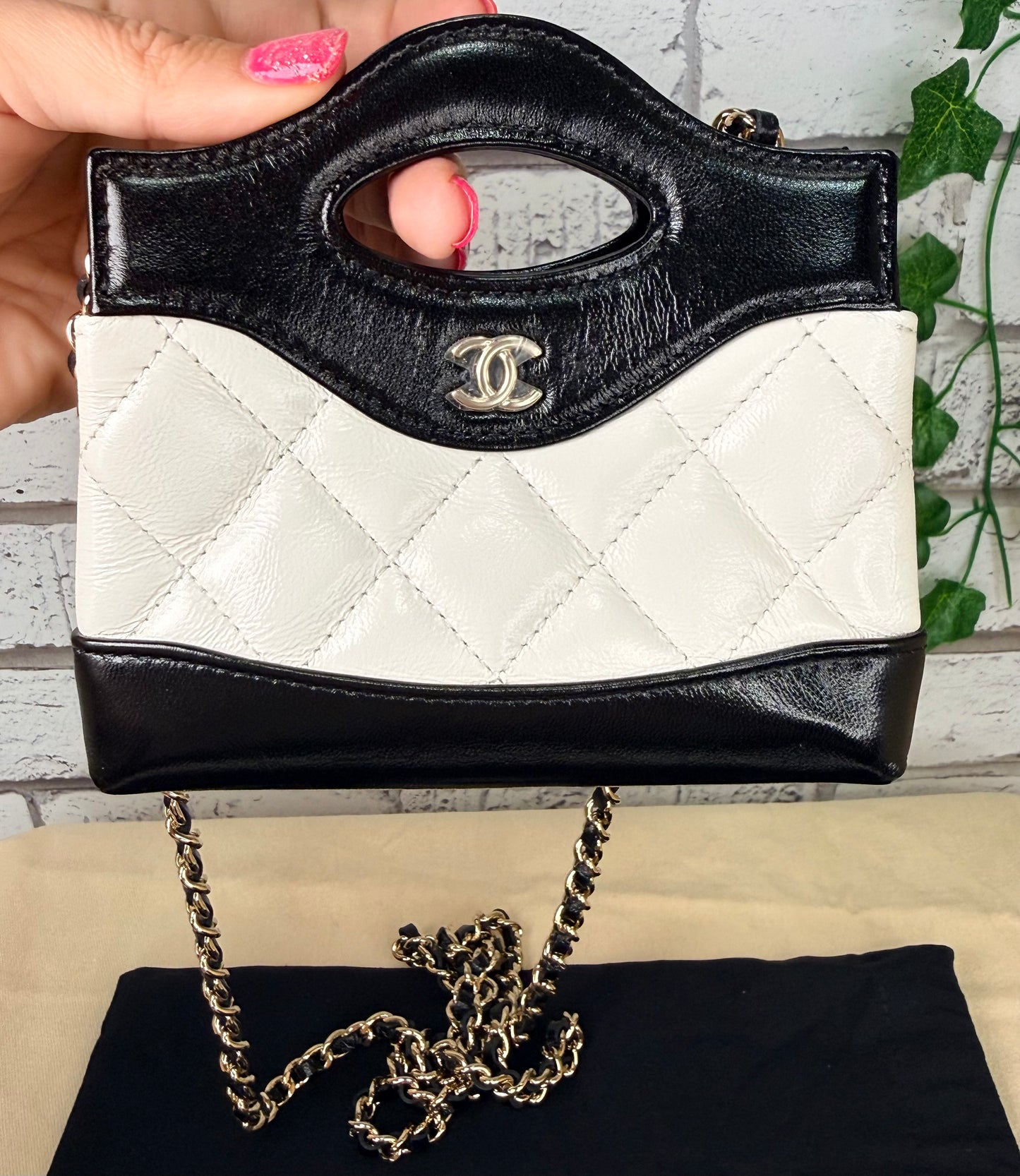 Chanel 31 Micro/Nano Shiny Calfskin Shopping Bag (White & Black) - New