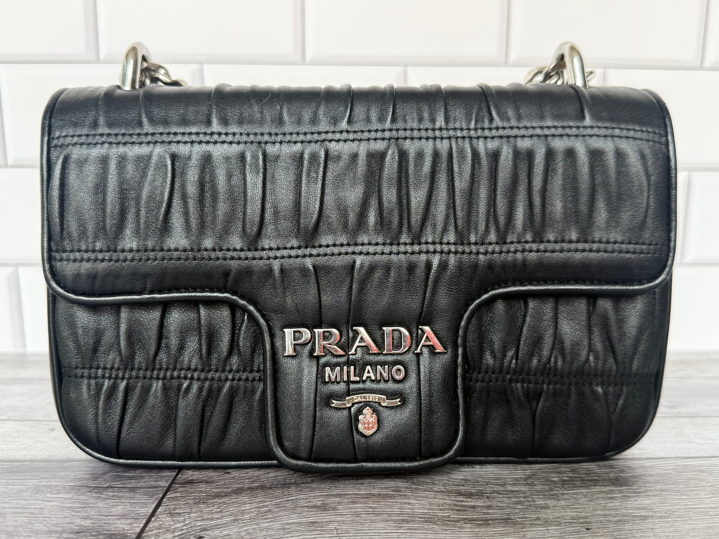 Prada Nappa Leather Gaufre Chain Flap (Black) - Excellent