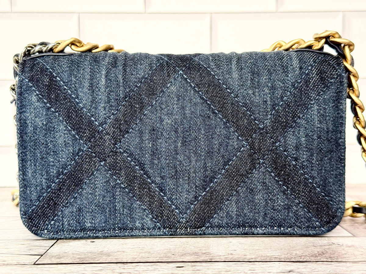 Chanel 19 Phone Holder (WOC) With Chain (Denim Quilted) - Like New