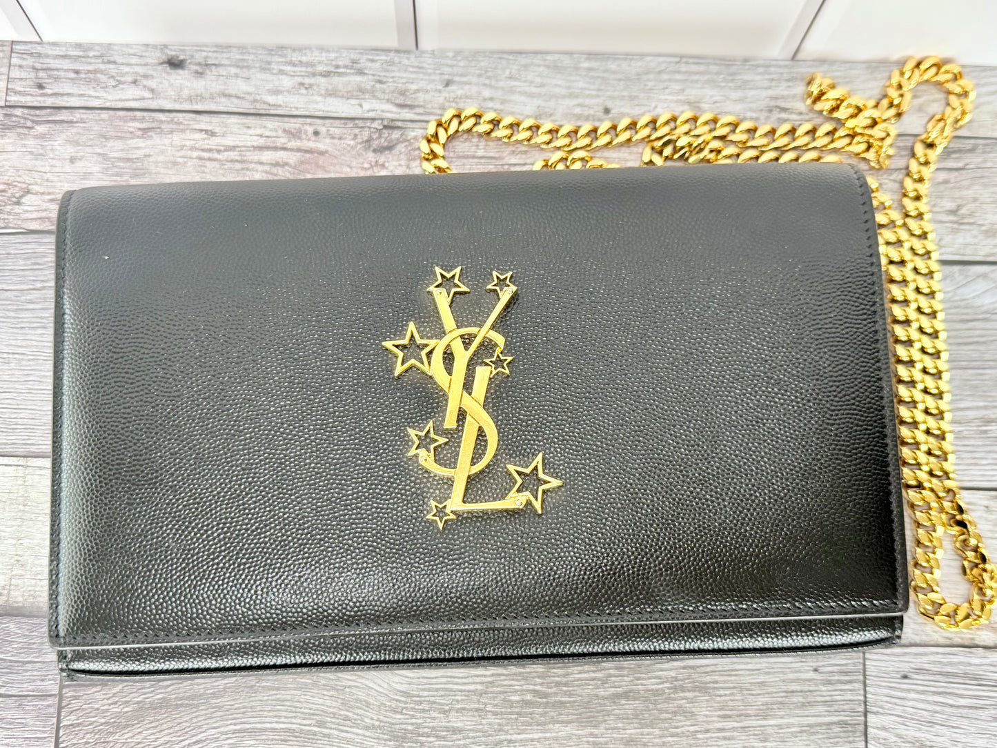 Saint Laurent (YSL) Grain Leather Star Kate Chain Bag (Black) - Excellent