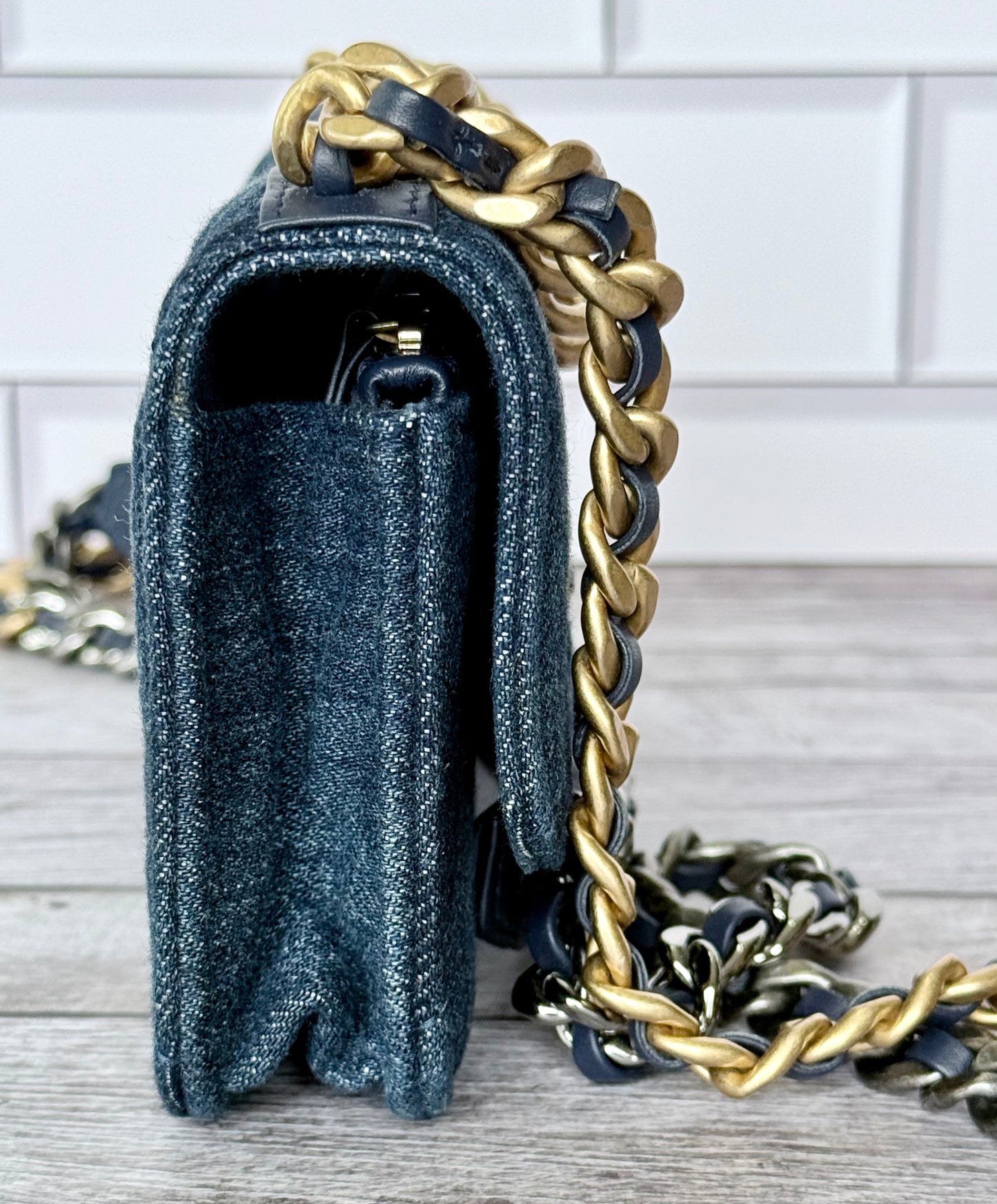 Chanel 19 Phone Holder (WOC) With Chain (Denim Quilted) - Like New