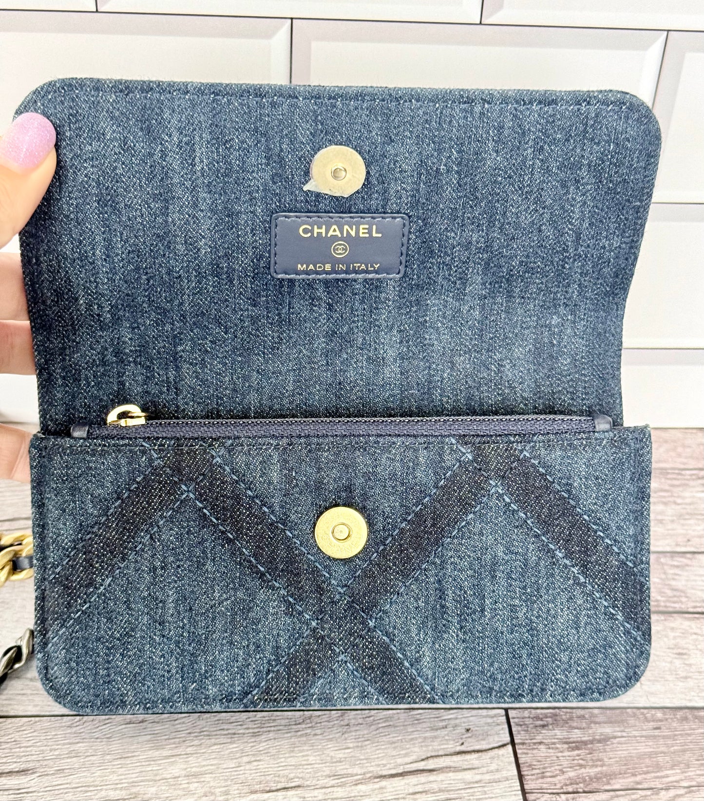Chanel 19 Phone Holder (WOC) With Chain (Denim Quilted) - Like New