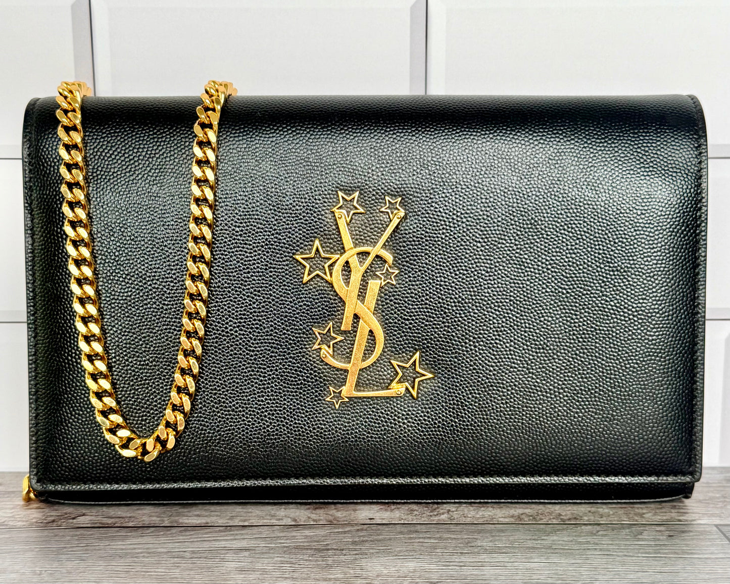 Saint Laurent (YSL) Grain Leather Star Kate Chain Bag (Black) - Excellent
