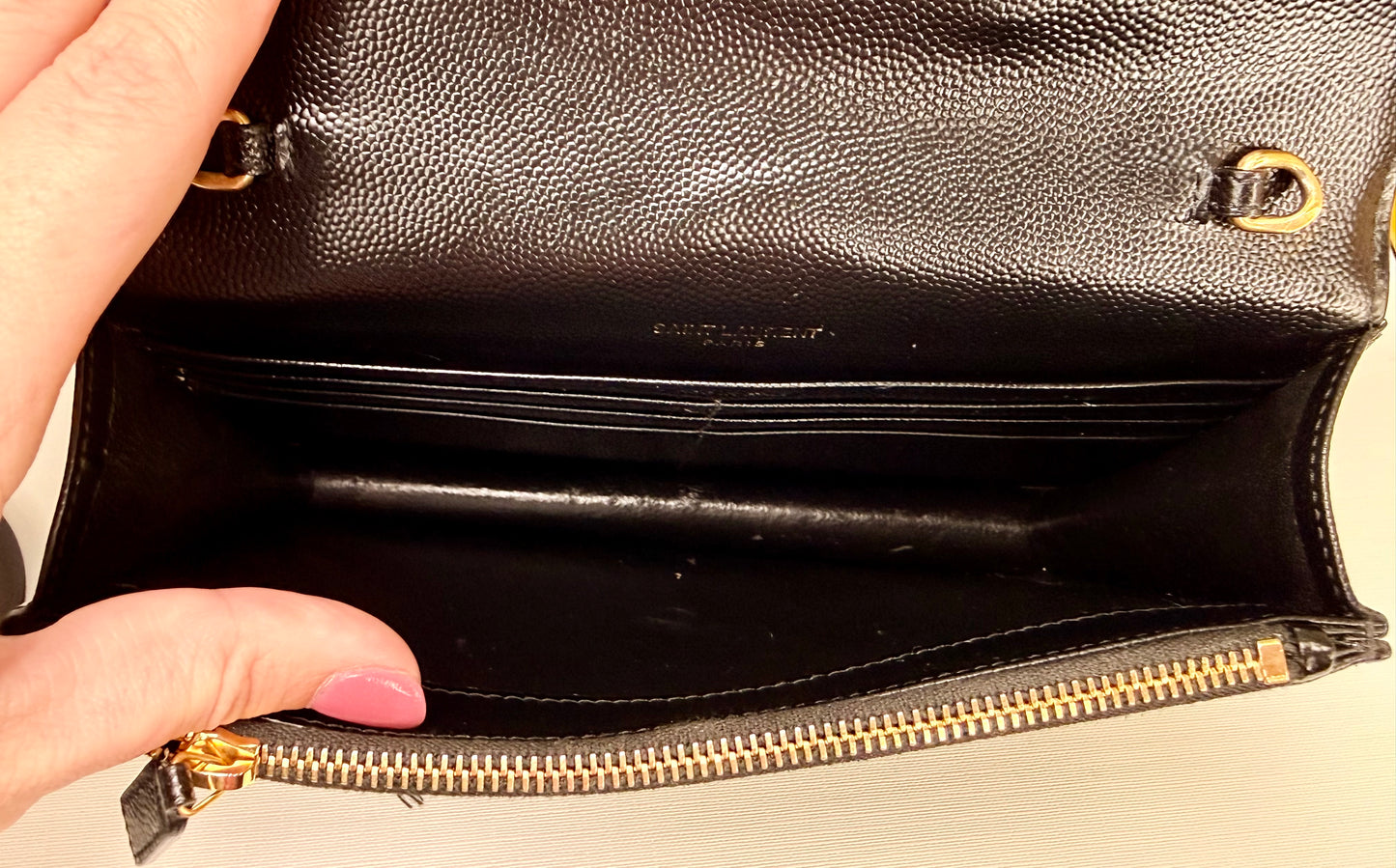 Saint Laurent Grained Leather Cassandre Wallet On Chain - Great/Excellent