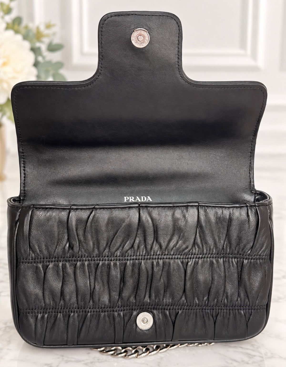 Prada Nappa Leather Gaufre Chain Flap (Black) - Excellent