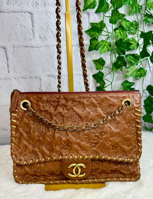RARE Chanel Caramel Brown Calfskin Embossed Camellia Whipstitch Bag