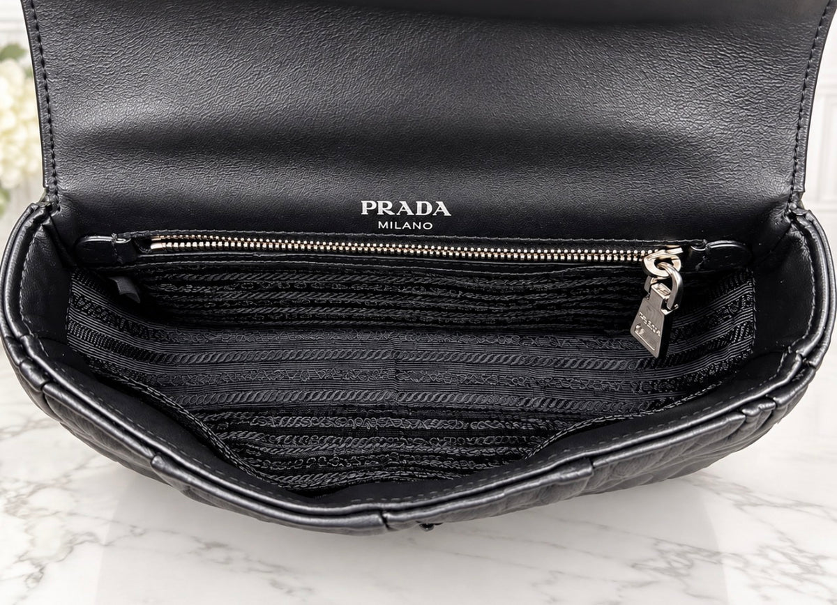 Prada Nappa Leather Gaufre Chain Flap (Black) - Excellent