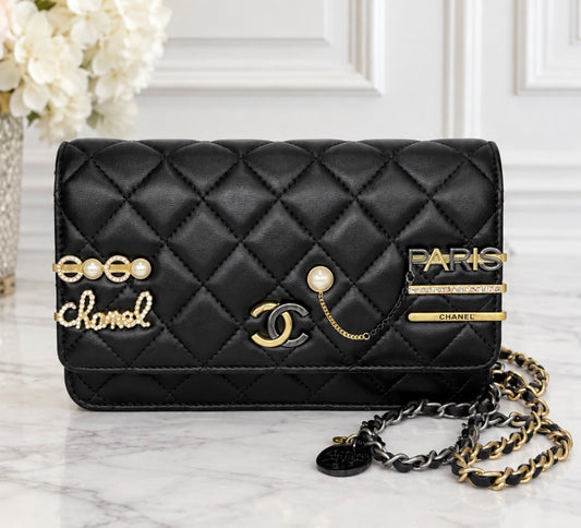 Chanel Coco Clips Wallet On Chain (Black Lambskin) - Excellent
