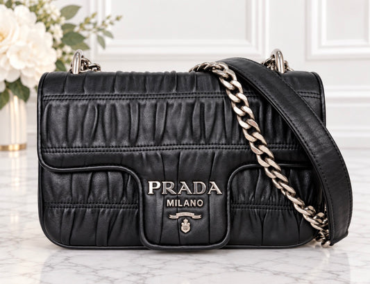 Prada Nappa Leather Gaufre Chain Flap (Black) - Excellent